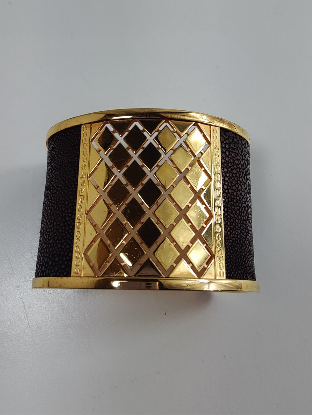Rebecca Italy Wide Gold Tone Brown Textured Cuff Bracelet Designer Statement - Picture 5 of 14